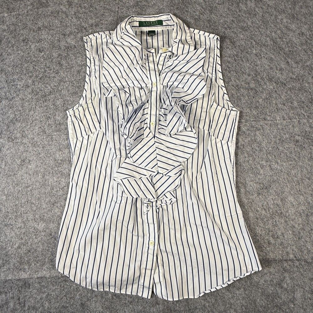 Lauren Ralph Navy Blue White Striped Ruffle Blouse Size 2 XS Top Sleeveless